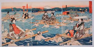 着物の女性が連台といういかだのようなものに乗って川を渡る様子が描かれた江戸時代の絵