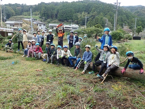倒した木と集合写真