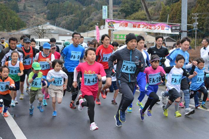 川根桜まつり走ろう会でファミリーの部の参加者が走っている写真