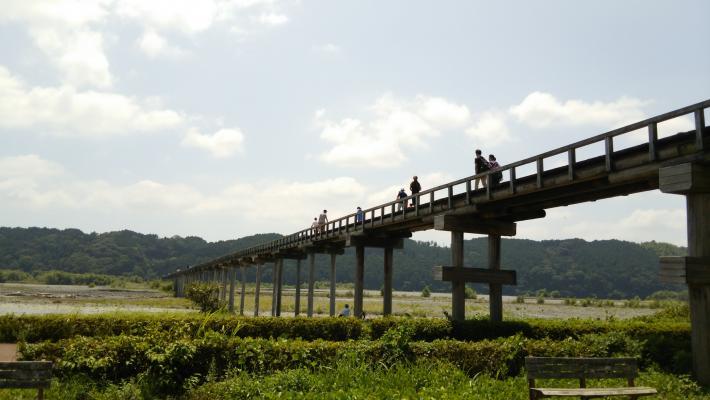 蓬莱橋を人が渡っているところを下から撮影した写真