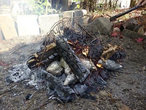 たき火の中の焼き芋